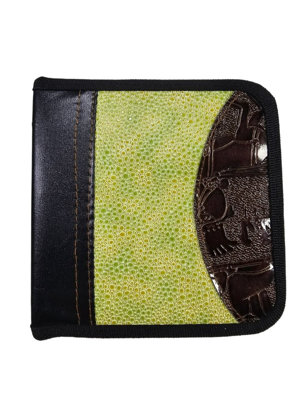 Portable 22 Disc CD/DVD Zipped Wallet - Green Faux Snake Textured Egyptian Glyph